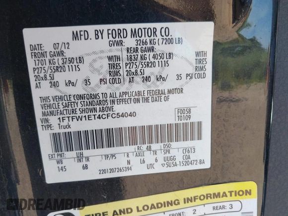 2012 Ford F-150 XL with VIN 1FTFW1ET4CFC54040, listed as a IAAI auction lot 42631980 with 165,009 mi miles and . Bid and sale history available at DreamBid. Image 9.