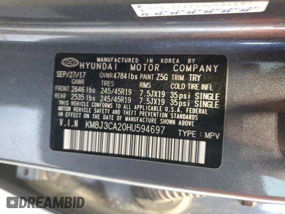 2017 Hyundai Tucson Sport with VIN KM8J3CA20HU594697, listed as a Copart auction lot 54252355 with 98,696 mi miles and Salvage Title. Bid and sale history available at DreamBid. Image 13.