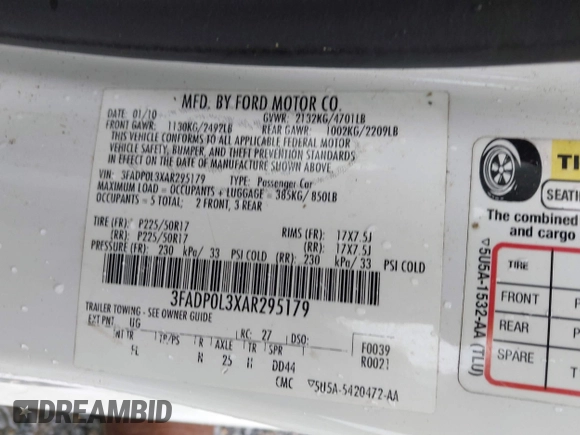 2010 Ford Fusion Hybrid with VIN 3FADP0L3XAR295179, listed as a IAAI auction lot 41958001 with 224,973 mi miles. Bid and sale history available at carsss.com. Image 9.