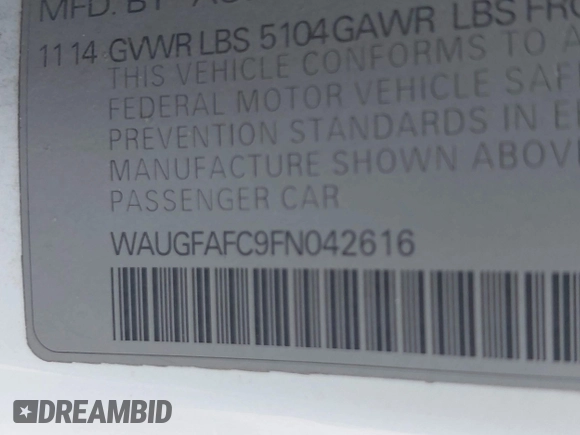2015 Audi A6 Premium Plus with VIN WAUGFAFC9FN042616, listed as a IAAI auction lot 42496917 with 100,943 mi miles and . Bid and sale history available at DreamBid. Image 9.