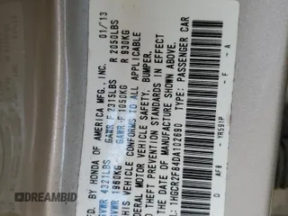 2013 Honda Accord Sdn EX-L with VIN 1HGCR2F84DA102690, listed as a Copart auction lot 49599325 with 214,866 mi miles and Salvage Title. Bid and sale history available at carsss.com. Image 13.