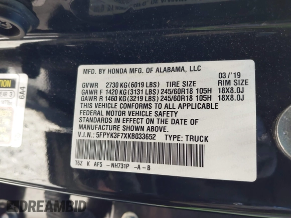 2019 Honda Ridgeline RTL-E with VIN 5FPYK3F7XKB033652, listed as a IAAI auction lot 41751421 with 96,774 mi miles and . Bid and sale history available at DreamBid. Image 9.
