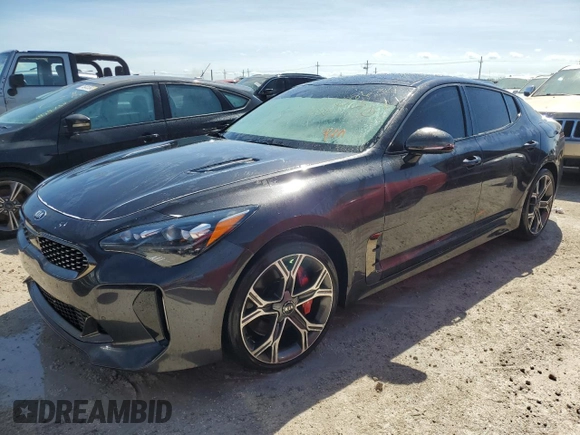 2021 Kia Stinger GT2 with VIN KNAE55LC5M6088344, listed as a Copart auction lot 74608634 with 34,174 mi miles and Non Repairable. Bid and sale history available at carsss.com. Image 1.