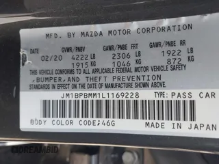 2020 Mazda 3 Preferred with VIN JM1BPBMM1L1169228, listed as a IAAI auction lot 41930452 with 31,351 mi miles and . Bid and sale history available at DreamBid. Image 9.