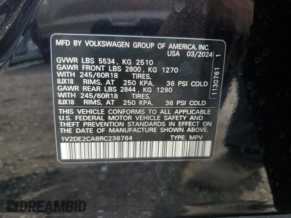 2024 Volkswagen Atlas SE with VIN 1V2DE2CA8RC236764, listed as a Copart auction lot 50357035 with 8,667 mi miles and Salvage title. Bid and sale history available at DreamBid. Image 13.