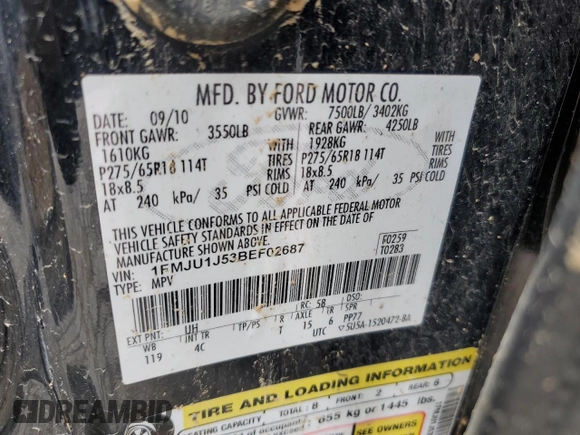 2011 Ford Expedition XLT z VIN 1FMJU1J53BEF02687, wystawiony jako Copart lot #45021695 z przebiegiem Nie podano mil oraz Szkoda całkowita • Salvage title. Historia ofert i sprzedaży dostępna na DreamBid. Obrazek 15.