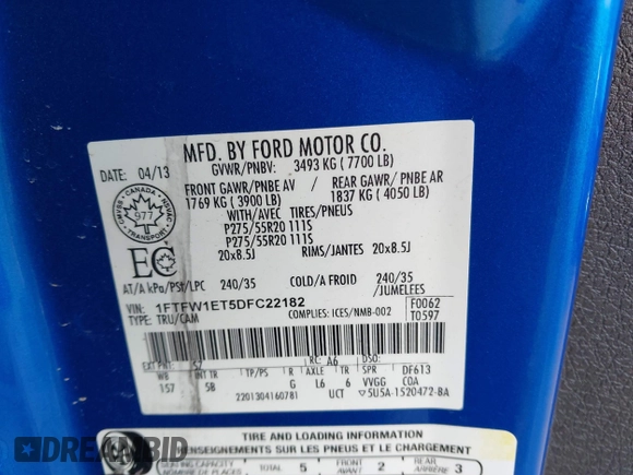 2013 Ford F-150 XL с VIN 1FTFW1ET5DFC22182, выставлен на аукционе IAAI как лот 41309721 с пробегом 193 663 миль миль и . История ставок и продаж доступна на DreamBid. Изображение 9.