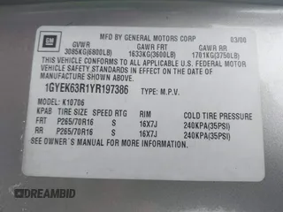 2000 Cadillac Escalade z VIN 1GYEK63R1YR197386, wystawiony jako IAAI lot #41386599 z przebiegiem 77 657 mil mil oraz . Historia ofert i sprzedaży dostępna na DreamBid. Obrazek 9.