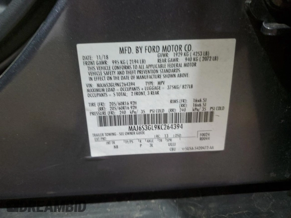2019 Ford EcoSport SE with VIN MAJ6S3GL9KC264394, listed as a Copart auction lot 50879545 with 126,151 mi miles and Salvage Title. Bid and sale history available at carsss.com. Image 14.