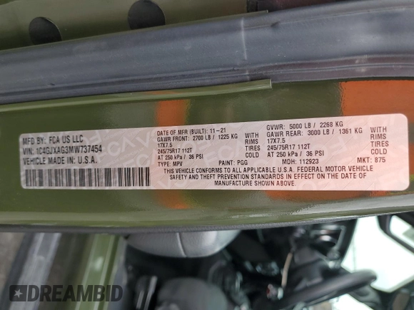 2021 Jeep Wrangler Sport with VIN 1C4GJXAG3MW737454, listed as a Copart auction lot 50967585 with 29,330 mi miles and Salvage Title. Bid and sale history available at DreamBid. Image 13.