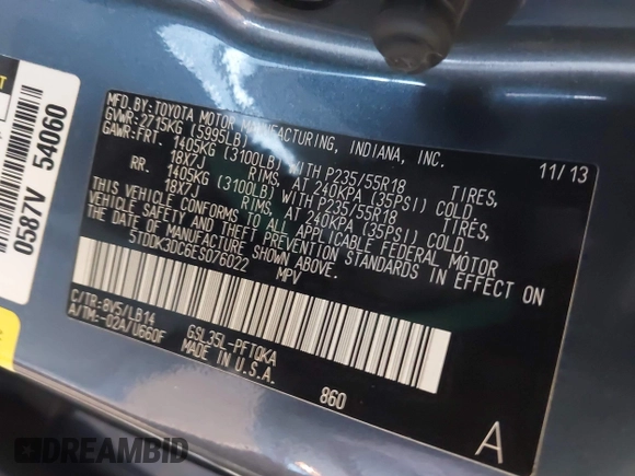 2014 Toyota Sienna Limited with VIN 5TDDK3DC6ES076022, listed as a IAAI auction lot 42174440 with 112,630 mi miles and . Bid and sale history available at DreamBid. Image 9.