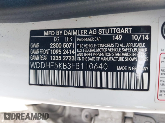 2015 Mercedes-Benz E 350 Sport with VIN WDDHF5KB3FB110640, listed as a IAAI auction lot 42185916 with 96,389 mi miles and . Bid and sale history available at DreamBid. Image 9.