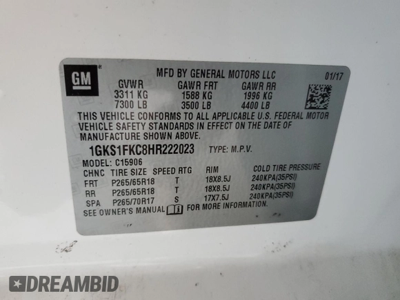 2017 GMC Yukon XL SLE with VIN 1GKS1FKC8HR222023, listed as a Copart auction lot 67496724 with 125,155 mi miles and Salvage Title. Bid and sale history available at carsss.com. Image 16.