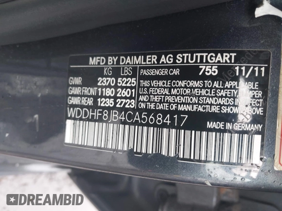 2012 Mercedes-Benz E-Class E 350 Luxury with VIN WDDHF8JB4CA568417, listed as a IAAI auction lot 41968170 with 212,597 mi miles. Bid and sale history available at carsss.com. Image 9.