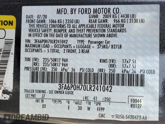 2020 Ford Fusion SE with VIN 3FA6P0H70LR241042, listed as a Copart auction lot 43900525 with 113,974 mi miles and Clean Title. Bid and sale history available at carsss.com. Image 12.