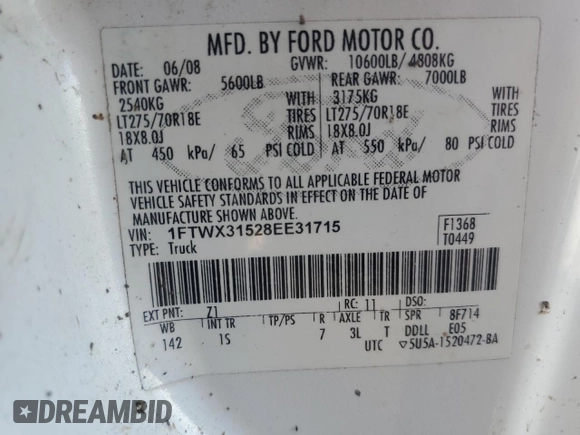2008 Ford F-350 XL with VIN 1FTWX31528EE31715, listed as a Copart auction lot 81726134 with 127,362 mi miles and Clean Title. Bid and sale history available at DreamBid. Image 12.