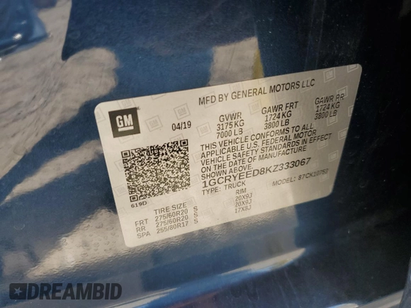 2019 Chevrolet Silverado 1500 RST with VIN 1GCRYEED8KZ333067, listed as a Copart auction lot 47880115 with 85,822 mi miles and Salvage Title. Bid and sale history available at DreamBid. Image 12.
