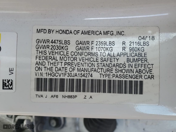 2018 Honda Accord Sedan Sport 1.5T with VIN 1HGCV1F30JA154274, listed as a Copart auction lot 47090865 with 173,176 mi miles and Salvage Title. Bid and sale history available at carsss.com. Image 12.