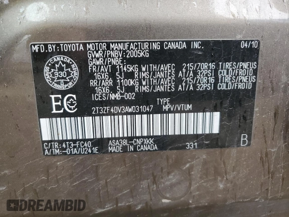 2010 Toyota RAV4 with VIN 2T3ZF4DV3AW031047, listed as a Copart auction lot 60877665 with 214,938 mi miles and Salvage title. Bid and sale history available at DreamBid. Image 14.