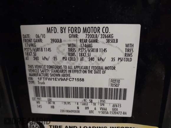 2010 Ford F-150 XL with VIN 1FTFW1EV9AFC71558, listed as a IAAI auction lot 41941115 with 1 mi miles. Bid and sale history available at carsss.com. Image 9.