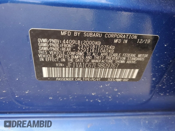 2020 Subaru WRX Premium with VIN JF1VA1C67L9809767, listed as a Copart auction lot 48663375 with 73,250 mi miles and Salvage Title. Bid and sale history available at carsss.com. Image 14.