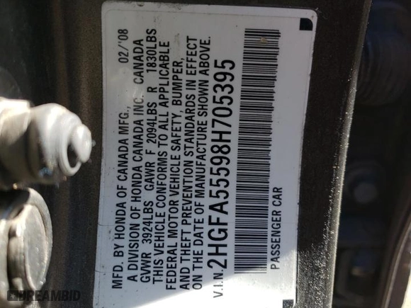2008 Honda Civic Sdn Si with VIN 2HGFA55598H705395, listed as a Copart auction lot 42167505 with 176,852 mi miles and Salvage Title. Bid and sale history available at carsss.com. Image 12.