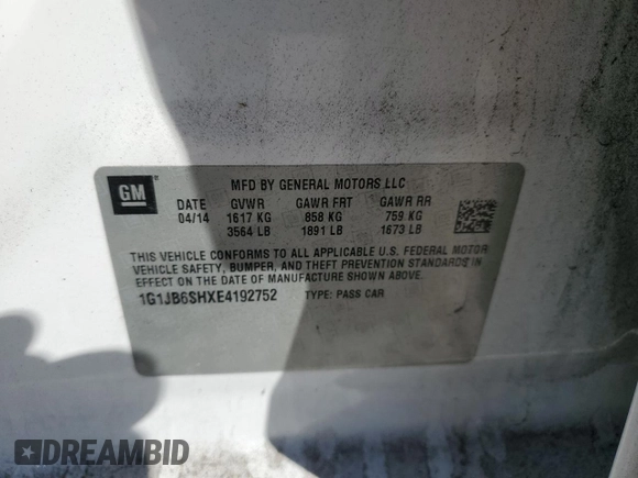 2014 Chevrolet Sonic LS with VIN 1G1JB6SHXE4192752, listed as a Copart auction lot 86846494 with 158,690 mi miles and Salvage title. Bid and sale history available at DreamBid. Image 12.