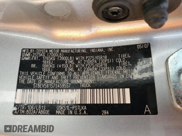2007 Toyota Tundra Limited with VIN 5TBEV58157S459557, listed as a Copart auction lot 82956114 with 260,923 mi miles and Salvage Title. Bid and sale history available at DreamBid. Image 12.