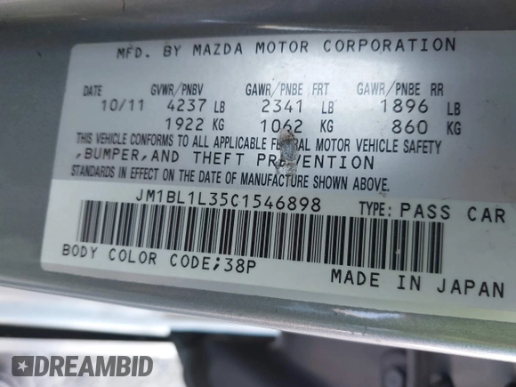 2012 Mazda 3 Mazdaspeed3 Touring with VIN JM1BL1L35C1546898, listed as a IAAI auction lot 41830040 with 170,532 mi miles and . Bid and sale history available at DreamBid. Image 9.