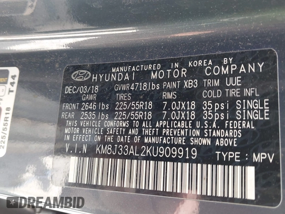 2019 Hyundai Tucson Sport z VIN KM8J33AL2KU909919, wystawiony jako IAAI lot #42055525 z przebiegiem 109 985 mil mil oraz . Historia ofert i sprzedaży dostępna na DreamBid. Obrazek 9.