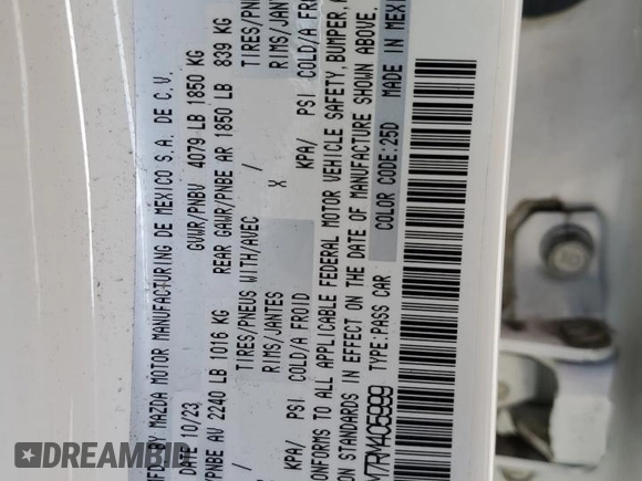 2024 Mazda 3 S with VIN 3MZBPAAM7RM405999, listed as a Copart auction lot 80620024 with 3,432 mi miles and Salvage Title. Bid and sale history available at DreamBid. Image 14.