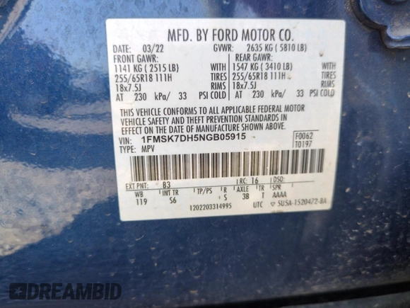 2022 Ford Explorer XLT with VIN 1FMSK7DH5NGB05915, listed as a Copart auction lot 60326295 with Not provided miles and Salvage title. Bid and sale history available at DreamBid. Image 13.