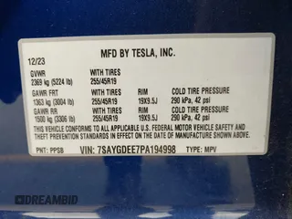 2023 Tesla Model Y Long Range with VIN 7SAYGDEE7PA194998, listed as a IAAI auction lot 41787170 with 16,221 mi miles and . Bid and sale history available at DreamBid. Image 9.