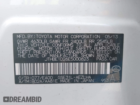 2014 Lexus IS 350 with VIN JTHBE1D26E5000623, listed as a IAAI auction lot 41788402 with 171,059 mi miles. Bid and sale history available at carsss.com. Image 9.
