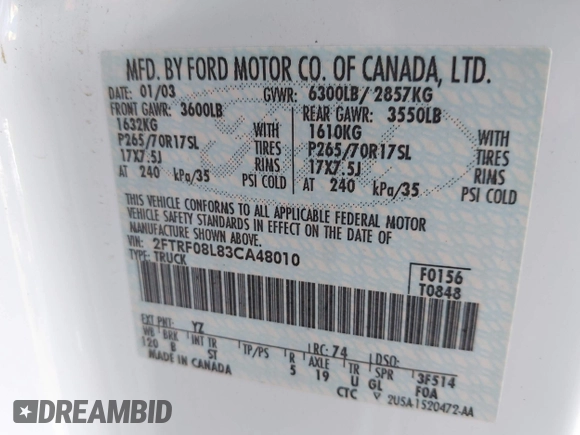 2003 Ford F-150 с VIN 2FTRF08L83CA48010, выставлен на аукционе IAAI как лот 42169880 с пробегом Не указан миль и . История ставок и продаж доступна на DreamBid. Изображение 9.