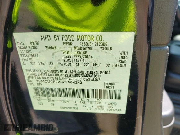2010 Ford Escape Limited with VIN 1FMCU9EG5AKA64242, listed as a IAAI auction lot 42408164 with 162,323 mi miles and . Bid and sale history available at DreamBid. Image 9.