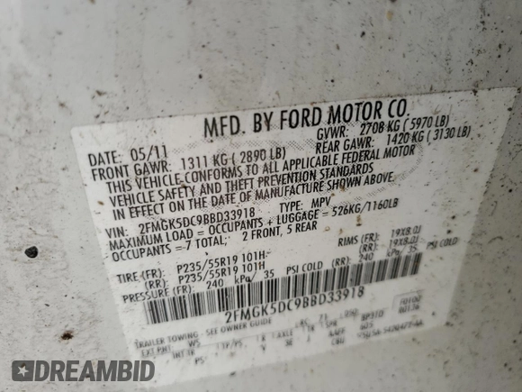 2011 Ford Flex Limited with VIN 2FMGK5DC9BBD33918, listed as a Copart auction lot 48782415 with 234,368 mi miles and Salvage Title. Bid and sale history available at carsss.com. Image 14.