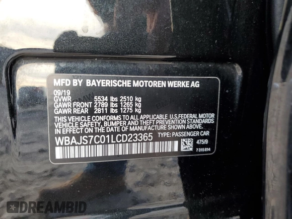2020 BMW 5 Series M550i xDrive with VIN WBAJS7C01LCD23365, listed as a Copart auction lot 88302885 with Not provided miles and Salvage title. Bid and sale history available at DreamBid. Image 13.