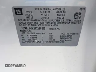 2015 Chevrolet Equinox LTZ with VIN 1GNALDEK5FZ126010, listed as a IAAI auction lot 41646828 with 68,557 mi miles. Bid and sale history available at carsss.com. Image 9.