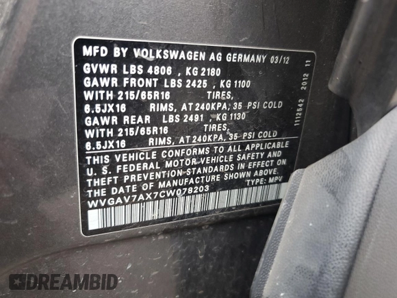 2012 Volkswagen Tiguan SE with VIN WVGAV7AX7CW078203, listed as a Copart auction lot 60756905 with 106,238 mi miles and Clean title. Bid and sale history available at DreamBid. Image 14.