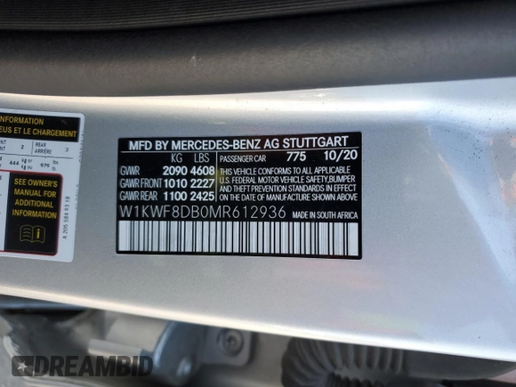 2021 Mercedes-Benz C 300 with VIN W1KWF8DB0MR612936, listed as a Copart auction lot 88154175 with 56,286 mi miles and Salvage Title. Bid and sale history available at carsss.com. Image 12.
