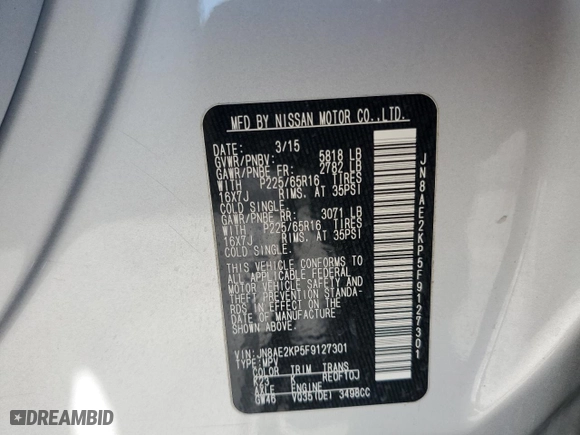 2015 Nissan Quest S with VIN JN8AE2KP5F9127301, listed as a Copart auction lot 59735063 with 100,820 mi miles. Bid and sale history available at carsss.com. Image 15.