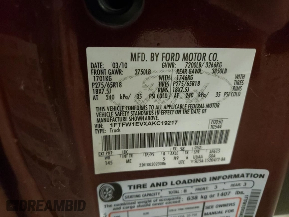 2010 Ford F-150 XL with VIN 1FTFW1EVXAKC19217, listed as a Copart auction lot 49967965 with 178,418 mi miles and Salvage Title. Bid and sale history available at carsss.com. Image 12.