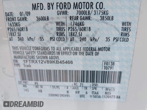 2009 Ford F-150 XLT with VIN 1FTRX12V89KB45466, listed as a IAAI auction lot 41980331 with 187,238 mi miles and . Bid and sale history available at DreamBid. Image 9.