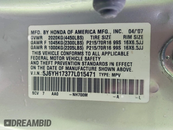 2007 Honda Element LX with VIN 5J6YH17377L015471, listed as a IAAI auction lot 41725815 with 218,931 mi miles and . Bid and sale history available at DreamBid. Image 9.