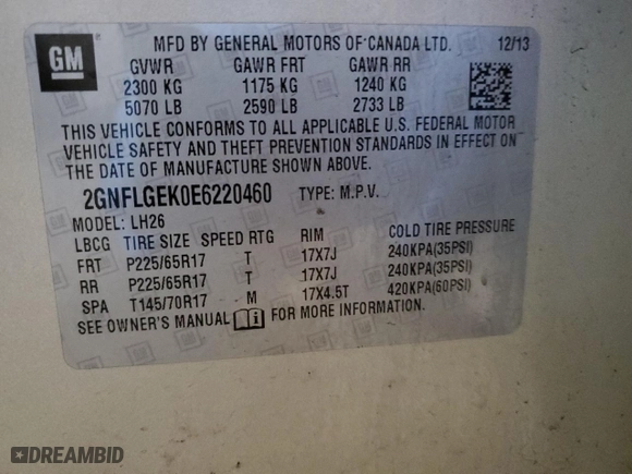 2014 Chevrolet Equinox LT with VIN 2GNFLGEK0E6220460, listed as a Copart auction lot 46573755 with 64,135 mi miles and Salvage Title. Bid and sale history available at carsss.com. Image 13.