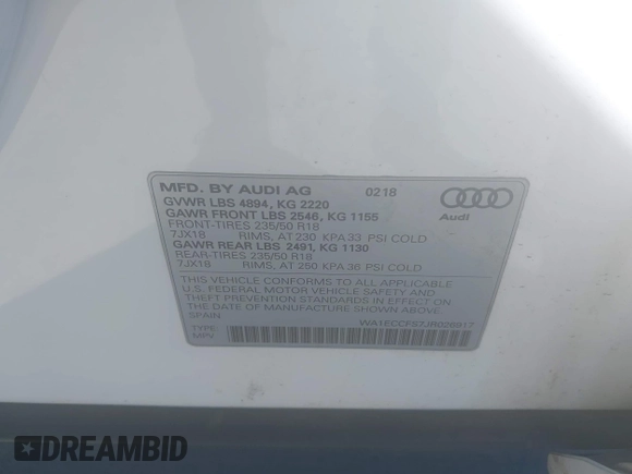 2018 Audi Q3 Premium with VIN WA1ECCFS7JR026917, listed as a IAAI auction lot 41823995 with 76,313 mi miles and . Bid and sale history available at DreamBid. Image 9.