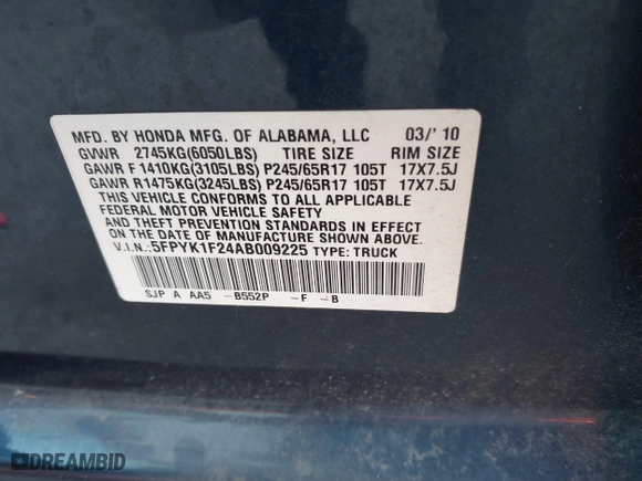 2010 Honda Ridgeline RT with VIN 5FPYK1F24AB009225, listed as a IAAI auction lot 40822938 with 273,986 mi miles. Bid and sale history available at carsss.com. Image 9.