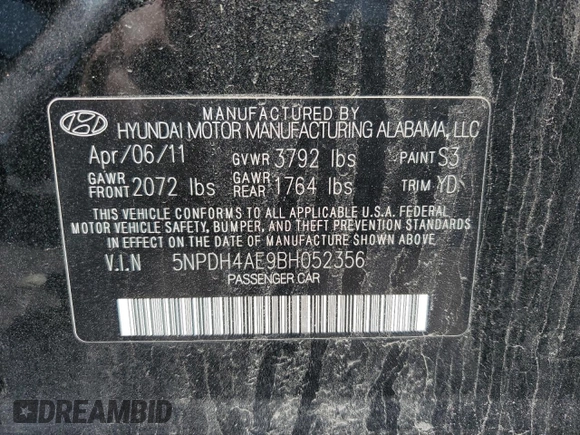 2011 Hyundai Elantra GLS with VIN 5NPDH4AE9BH052356, listed as a Copart auction lot 53126695 with 79,601 mi miles and Clean Title. Bid and sale history available at carsss.com. Image 12.