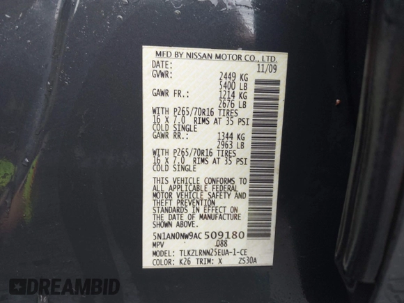 2010 Nissan Xterra S z VIN 5N1AN0NW9AC509180, wystawiony jako IAAI lot #41971137 z przebiegiem 172 107 mil mil oraz . Historia ofert i sprzedaży dostępna na DreamBid. Obrazek 9.